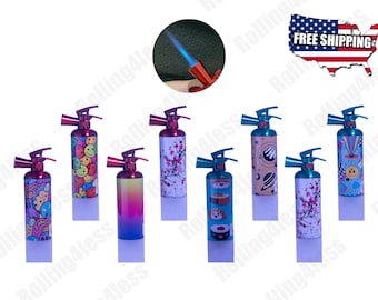 May include: Ten miniature fire extinguisher-shaped lighters with various colorful designs. The lighters are arranged in two rows of five. The designs include smiley faces, cherry blossoms, sushi, planets, and a rainbow pattern.