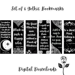 Gothic book lover printable digital book mark, black and white  bookmark
