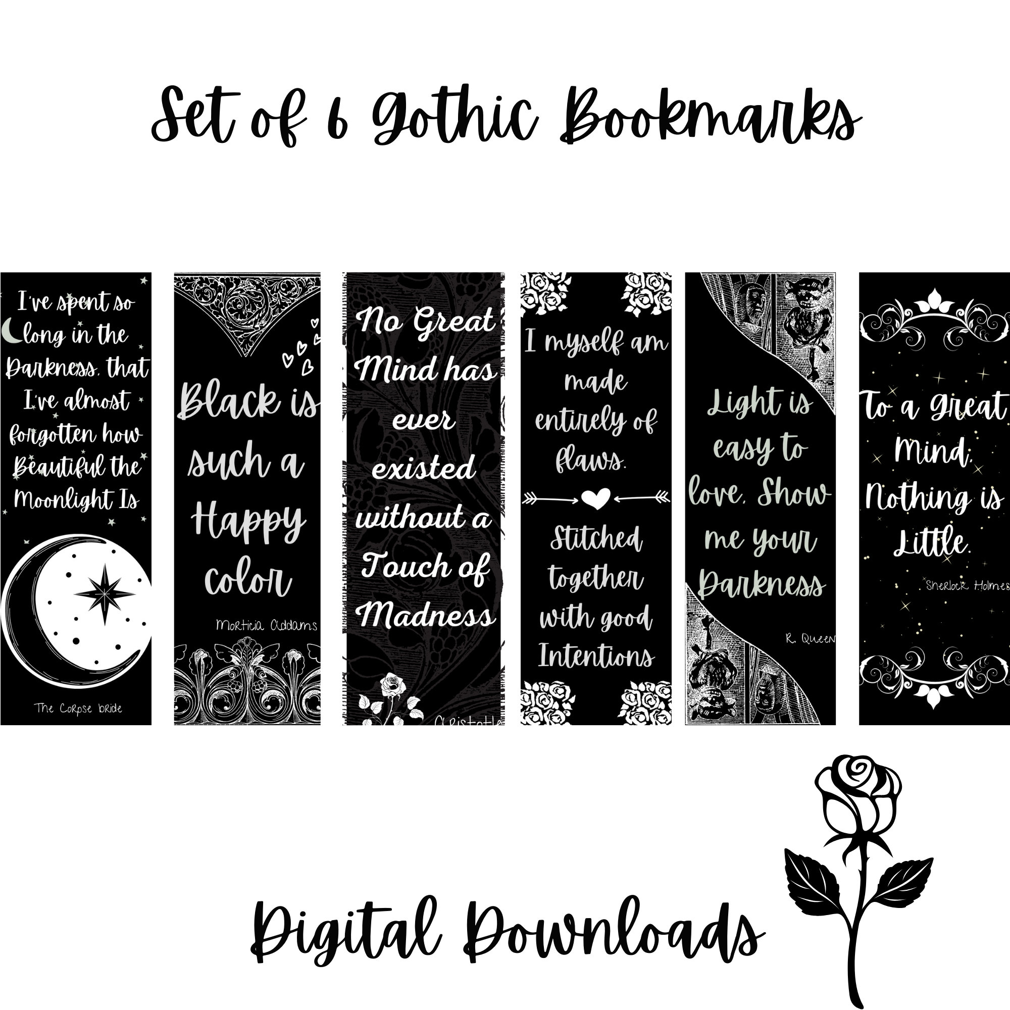 gothic book lover printable digital book mark black and white etsy