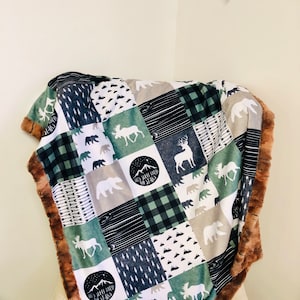 Woodland Minky Blanket-Moose and Bear Blanket-Green Woodland Blanket-Baby Boy Minky Blanket(4 sizes,lovey, baby, crib, adult-throw)