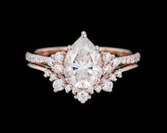 Pear shaped Moissanite engagement ring set Unique Rose gold engagement ring vintage curved Diamond wedding Bridal anniversary gift for women