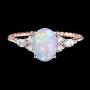 Unique Oval natural opal engagement ring Vintage Rose gold wedding ring Delicate Moissanite diamond Ring Anniversary promise ring gift ring