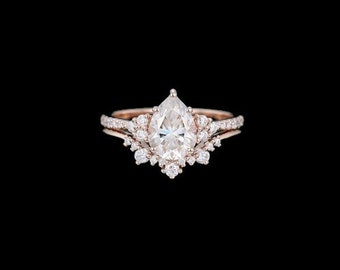 Pear shaped Moissanite engagement ring set Unique Rose gold engagement ring vintage curved Diamond wedding Bridal anniversary gift for women