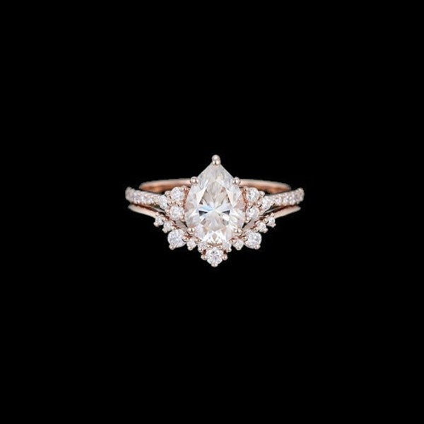 Pear shaped Moissanite engagement ring set Unique Rose gold engagement ring vintage curved Diamond wedding Bridal anniversary gift for women