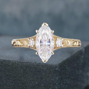 Vintage Marquise Moissanite Engagement Ring Solid Gold Victorian Moissanite Engraved Wedding Ring Promise Ring for Women Handmade Jewelry