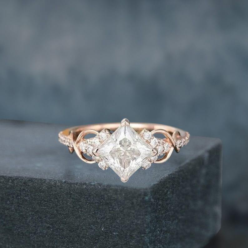 Princess Cut Moissanite Engagement Ring Unique Rose Gold Engagement Ring Dainty Diamond Bridal Ring Twist Ring Promise Ring Anniversary Gift