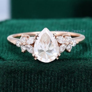 Pear Moissanite engagement ring vintage Unique Marquise cut Diamond Cluster ring Rose gold ring engagement ring Bridal ring Anniversary ring