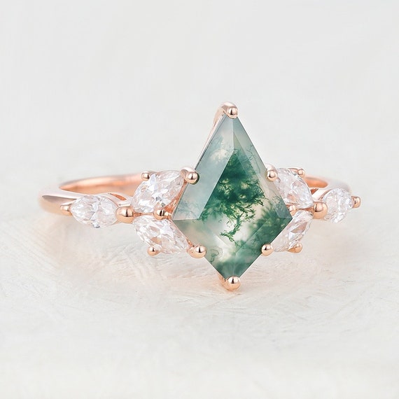 Unique moss agate engagement Ring set Vintage 18k… - image 2
