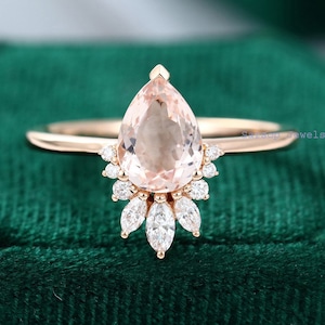 Pear shaped Morganite engagement ring rose gold unique engagement ring vintage Cluster Diamond/Moissanite Promise Anniversary gift for women