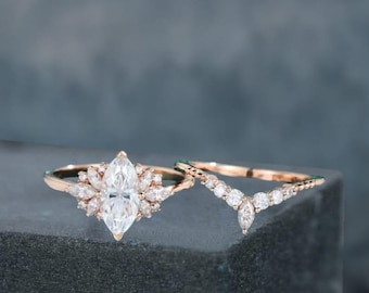 Marquise moissanite engagement ring set Unique Vintage Rose gold Cluster engagement ring Art Deco ring Bridal Promise Anniversary gift