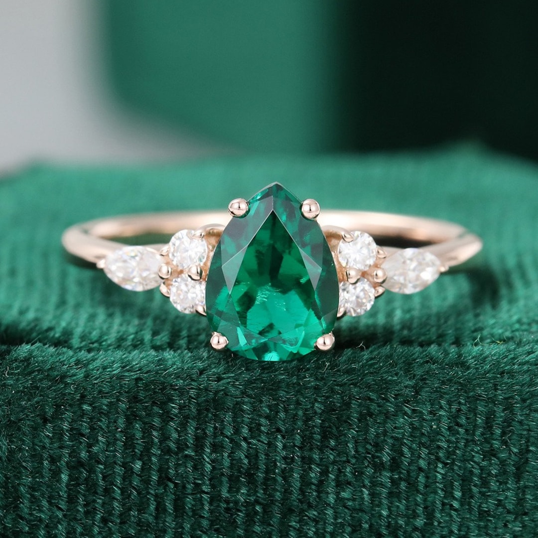 Lab Emerald Engagement Ring Rose Gold Unique Marquise Cut Diamond