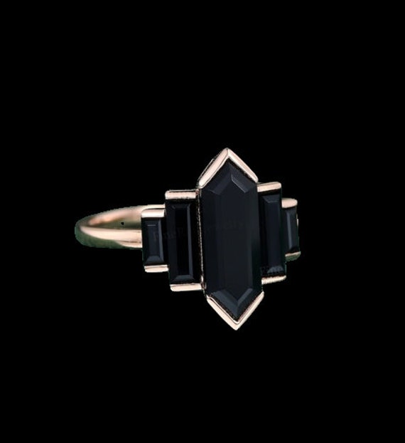 Unique Hexagon Black Onyx engagement ring Cluster… - image 1