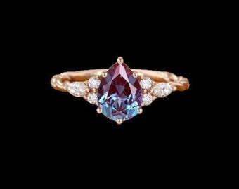 Pear shaped Alexandrite engagement ring Unique Rose gold engagement ring Vintage cluster marquise moissanite twist ring Bridal Anniversary