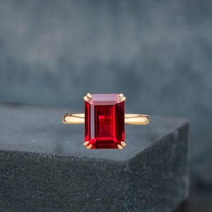 Emerald Cut Lab Created Ruby Solitaire Ring Yellow Gold Minimalist Ring Statement Art Deco Jewelry July Birthstone Anniversary Gift for Her