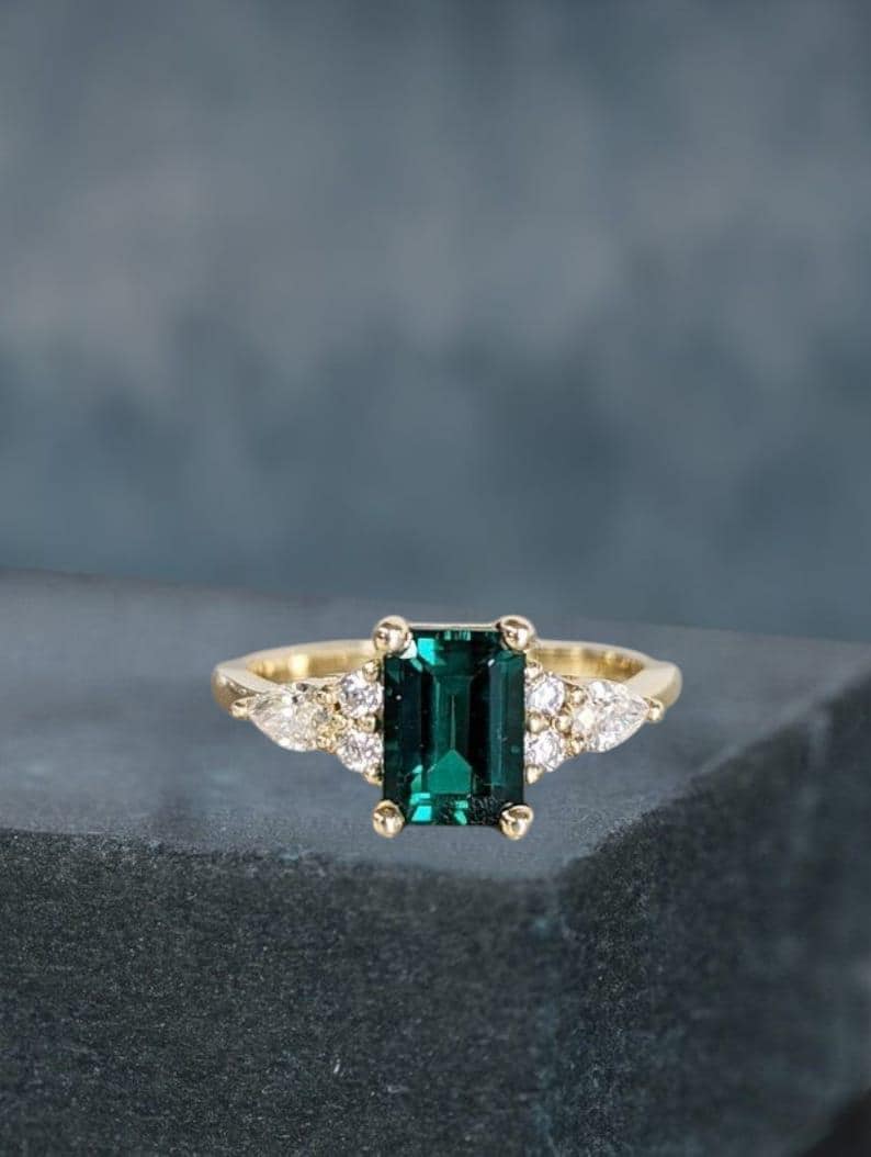 Emerald ring vintage emerald engagement ring 14k yellow gold ring gift unique antique wedding promise anniversary ring for her