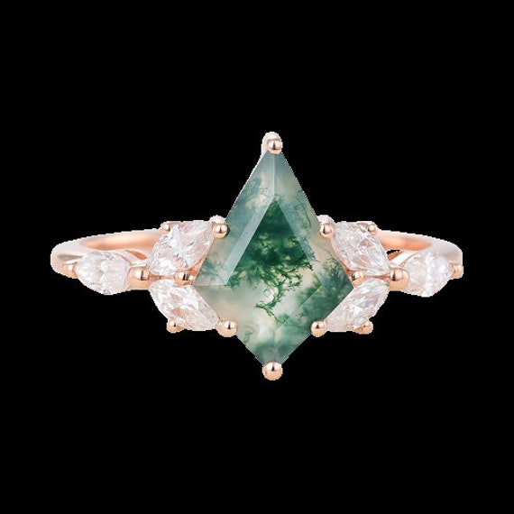 Unique moss agate engagement Ring set Vintage 18k… - image 1
