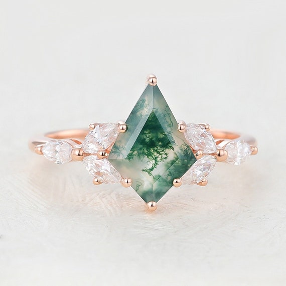 Unique moss agate engagement Ring set Vintage 18k… - image 7