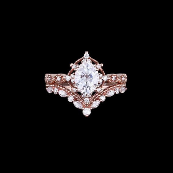 Pear Cut Moissanite Wedding Ring Set 14K Rose Gold, Engagement Ring Set, 1.25 Ct Pear and Round Shape Diamond Anniversary Ring Set for Her