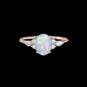 Unique Oval natural opal engagement ring Vintage Rose gold wedding ring Delicate Moissanite diamond Ring Anniversary promise ring