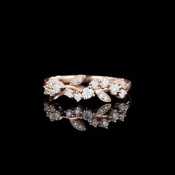 Floral Moissanite Wedding Band Leaf Band Cluster Band stacking matching band unique Vintage promise anniversary ring rose Gold,Bridal band