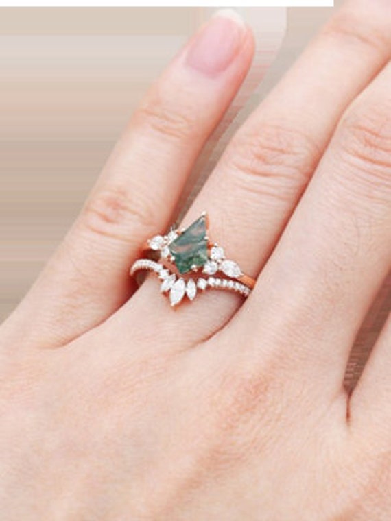 Unique moss agate engagement Ring set Vintage 18k… - image 9
