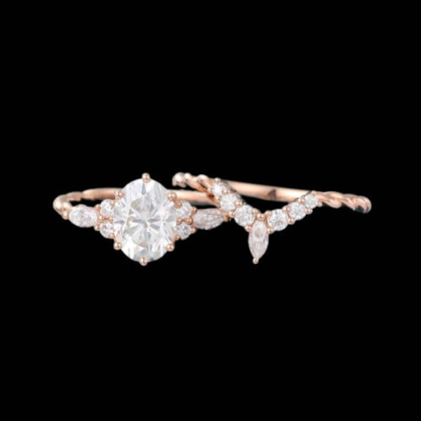 Oval cut Moissanite engagement ring set Rose gold cluster ring set Marquise Simulated diamond bridal set 3/4 eternity twisted Promise ring