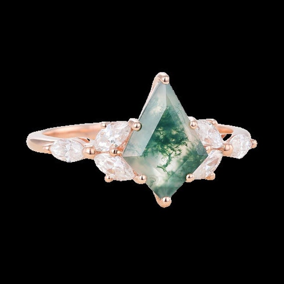 Unique moss agate engagement Ring set Vintage 18k… - image 4