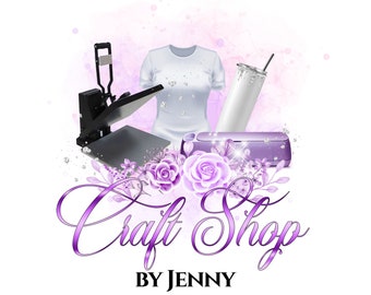 May include: A purple and white logo for a craft shop called "Craft Shop by Jenny". The logo features a heat press, a white t-shirt, a white tumbler, a purple cutting machine, and purple flowers.