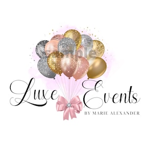 Balloon Logo Design, Logo for Event Planners, Gold Glitter Party Decor, Silver and Rose Gold Bow, Premade Template