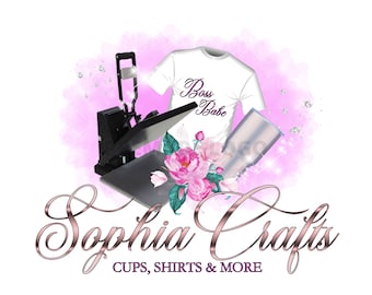 May include: A pink and white watercolor background with a heat press, a white t-shirt with the text "Boss Babe" printed on it, and a silver tumbler. The text "Sophia Crafts" is written in a pink script font below the image. The text "Cups, Shirts & More" is written in a smaller font below the script.