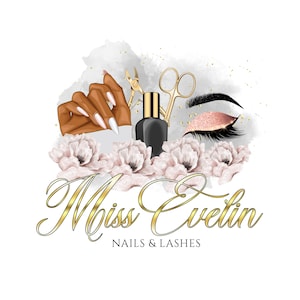 Könnte beinhalten: Ein Logo für ein Nagel- und Wimpernsalon namens "Miss Evelyn Nails & Lashes". Das Logo zeigt eine Hand mit manikürten Nägeln, eine Pinzette, eine Flasche Nagellack und ein stilisiertes Auge mit Wimpern. Das Design ist vor einem Aquarellhintergrund mit rosa Blumen platziert.