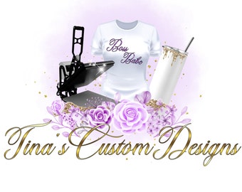 May include: A white t-shirt with the text "Boss Babe" in purple glitter, a white tumbler with gold glitter, a heat press, and purple flowers with gold glitter. The text "Tina's Custom Designs" is in gold script.