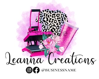 Può includere: Pressa a caldo rosa, camicia con stampa leopardata, bicchiere glitter rosa e fiori rosa con il testo "Leanna Creations" e le maniglie dei social media @BUSINESSNAME.