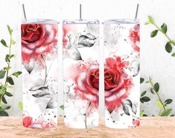 red rose cup, 20oz tumbler, coffee cup, travel cup, red and white, gift for friend