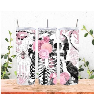 cottage core cup, 20oz tumbler, girly skeleton, floral design, horror fan