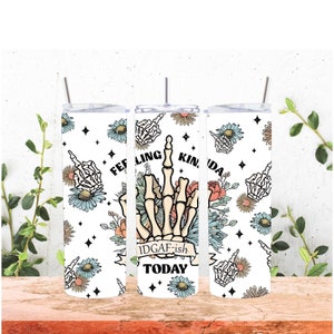 IDGAF cup, 20oz tumbler, gift for self, friend gift, skeleton middle finger, skull and flowers, travel cup