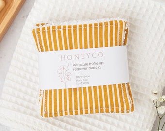 Reusable face wipes - make up remover pads - 100% cotton cloths - yellow stripey cotton pads - zero waste - beauty gift for her
