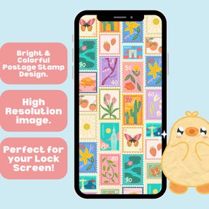 May include: A smartphone displays a colorful postage stamp design with various illustrations, including flowers, butterflies, and landmarks. The phone is set against a light blue background, with a cute yellow chick cartoon character on the right.