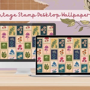 May include: Two computer screens displaying a vintage floral pattern wallpaper with a repeating design of flowers, mushrooms, and leaves. The wallpaper is in a muted color palette of pink, green, blue, and yellow. The text "Vintage Stamp Desktop Wallpaper" is displayed at the top of the image.