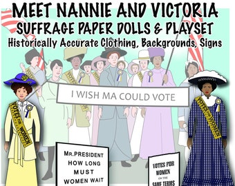 Suffrage Paper Dolls and Playset - Womens History - Digital Download - BONUS Drawings of Historic Suffrage Postcard Ready for Coloring