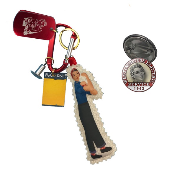 Rosie the Riveter - Inspirational WOMENS HISTORY DOLL Keychain and Etched Red Metal Fob, Rosie Name Patch Charm, and Employment Button