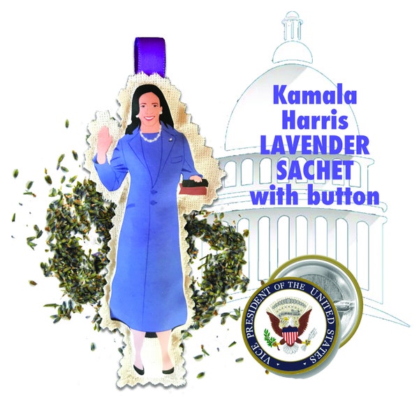 KAMALA HARRIS - America250 Doll - Women of Color - Vice President of United States Doll SACHET and Button with Seal of Vice President