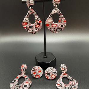 Handmade Polymer Clay Fimo Looking Red White Black Grey Boho donut dangle hoop earrings