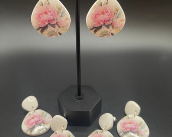 Handmade Clay Earrings Peony Peonies Spring Floral Beauties Pink and White