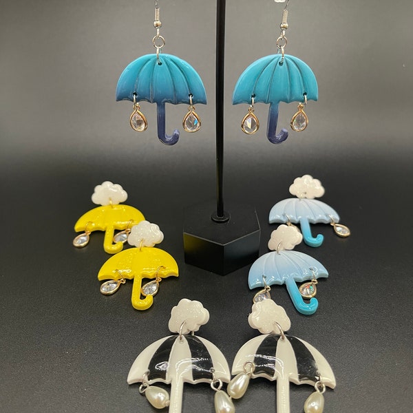 Handmade Clay earrings Spring Umbrella Black white blue yellow rain