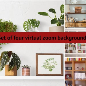 May include: Set of four virtual Zoom backgrounds featuring different styles of bookshelves with various books and plants. The backgrounds are ideal for creating a professional and stylish look for video calls.