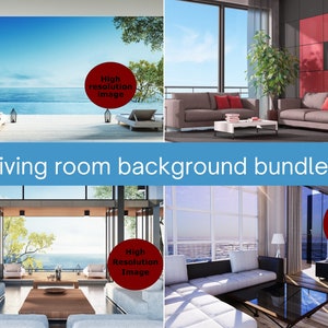 May include: A composite image showcasing four different living room scenes. The scenes feature modern furniture, large windows, and scenic views. Text on the image reads "Living room background bundle" and "High resolution image".