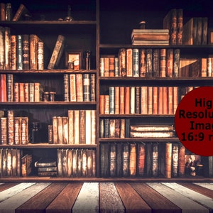 May include: A dark wooden bookcase filled with rows of books. The bookcase has a wooden floor in front of it.