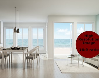 Bright Sea View Living Room Background, Zoom Backgrounds, Virtual Background for Zoom, Microsoft Teams, Skype, Google Meet