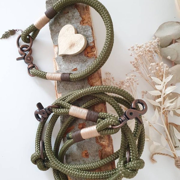 Tau dog leash collar set in olive green and copper | SET FOREST LUST